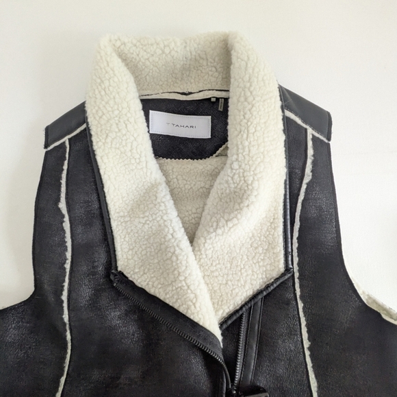 T Tahari Bias Zip Winter Vest Fur Faux Suede Winter Warm Sherpa Size XS Black - Picture 11 of 16